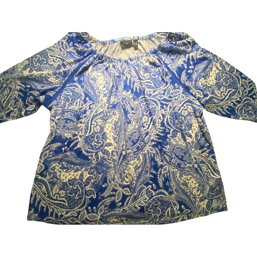 Susan Graver Weekend Blue White Paisley‎ Lace Trim Top Plus Size 2X Boho Knit